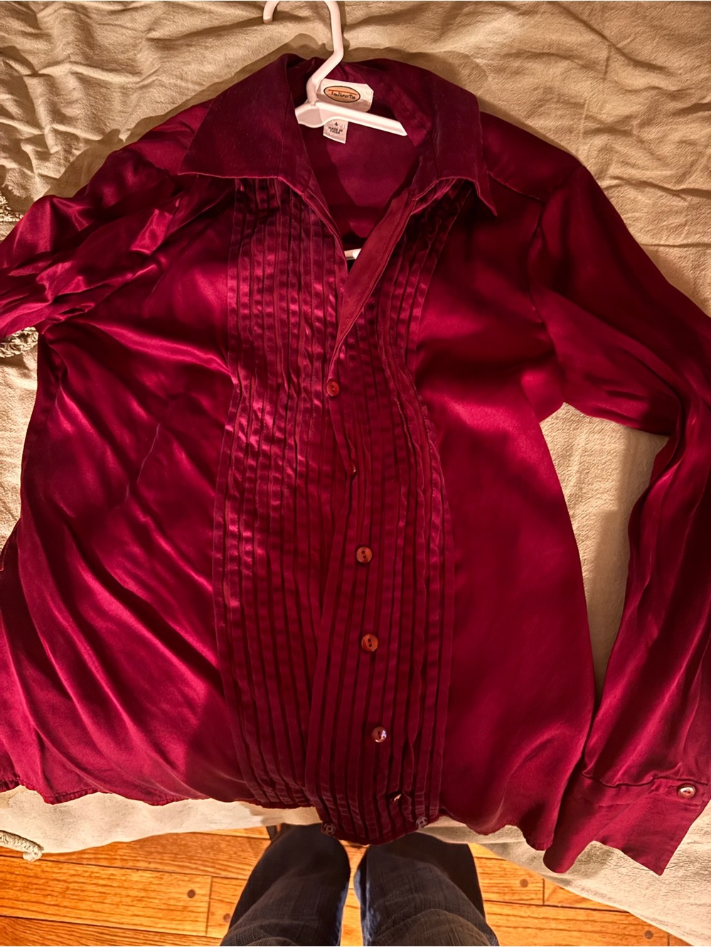 Talbots Satin Pleated Front Button-Down Top - Burgundy